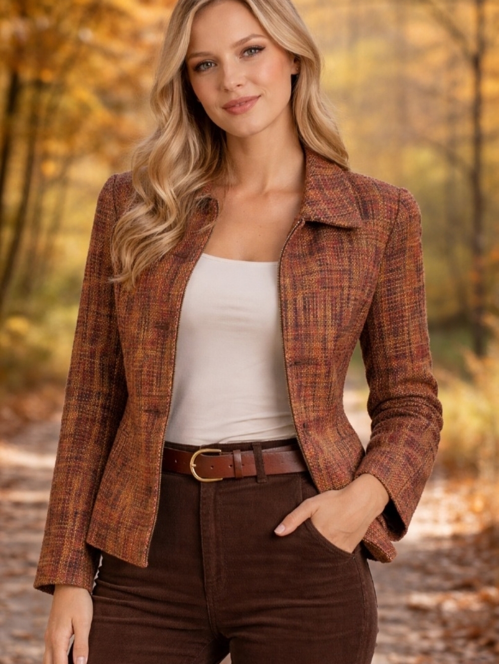 Coldwater Creek Tweed Boucle Zip Front Blazer Jacket Size 12 Pepperspice NEW NWT